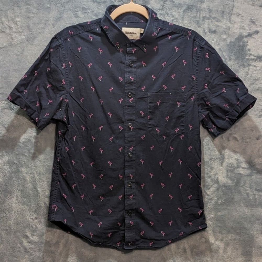 Goodfellow & Co Mens Northrop Flamingo Print Shirt Navy Blue Slim Fit Medium